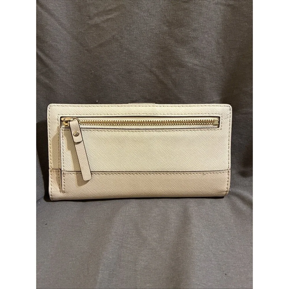 Kate Spade Laurel Way Stacy Snap Wallet Almond Leather Saffiano Cream Gold